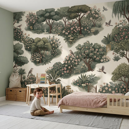 Garden Landscape Wallpaper Floral Bushes Removable Birds Wall Decor
