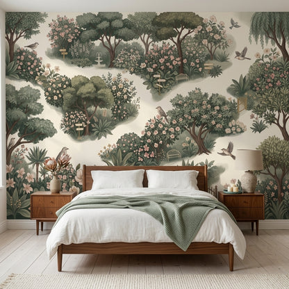Garden Landscape Wallpaper Floral Bushes Removable Birds Wall Decor