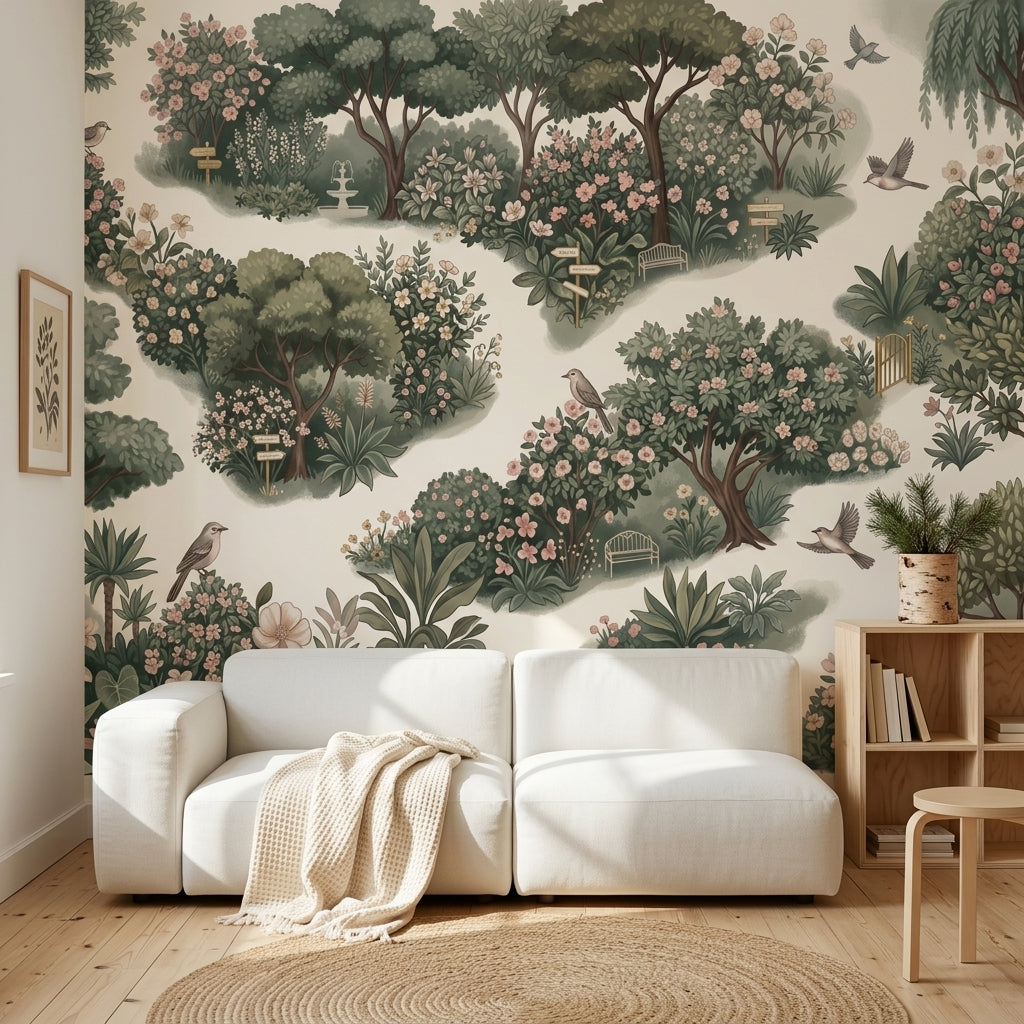 Garden Landscape Wallpaper Floral Bushes Removable Birds Wall Decor