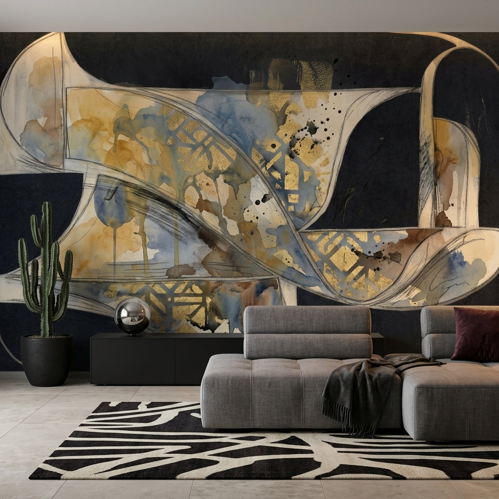Dark Abstract Wallpaper Black Background Gold Metallic Accents Removable Wall Decor