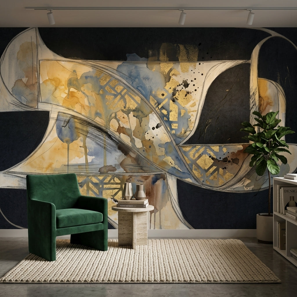 Dark Abstract Wallpaper Black Background Gold Metallic Accents Removable Wall Decor