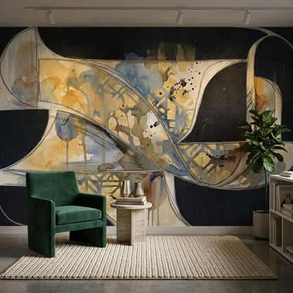 Dark Abstract Wallpaper Black Background Gold Metallic Accents Removable Wall Decor