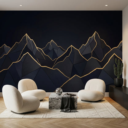 Geometric Mountains Wallpaper Navy Removable Gold Outline Wall Decor