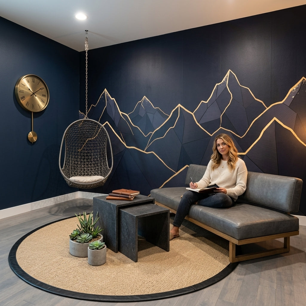 Geometric Mountains Wallpaper Navy Removable Gold Outline Wall Decor