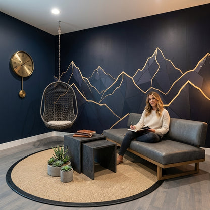 Geometric Mountains Wallpaper Navy Removable Gold Outline Wall Decor