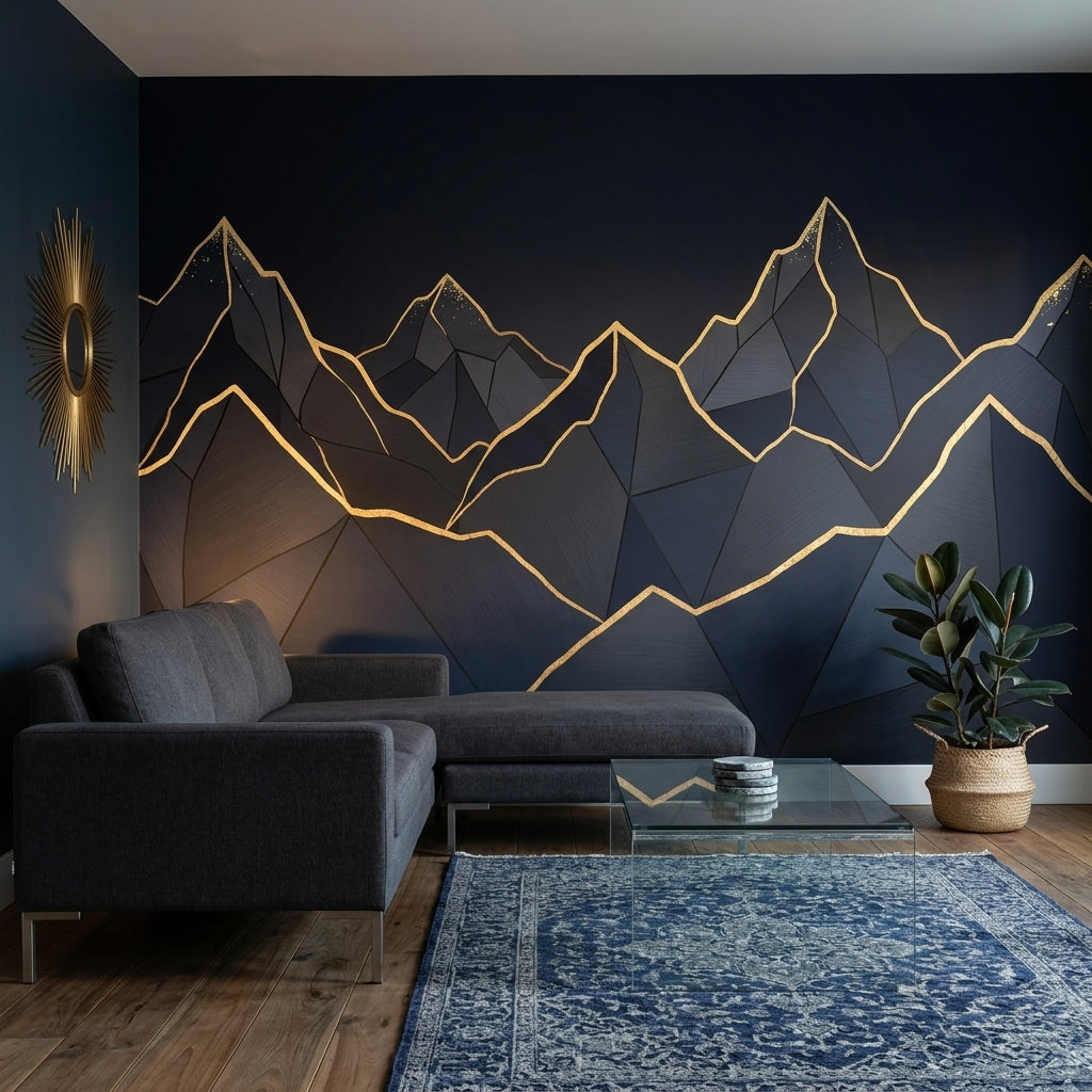 Geometric Mountains Wallpaper Navy Removable Gold Outline Wall Decor