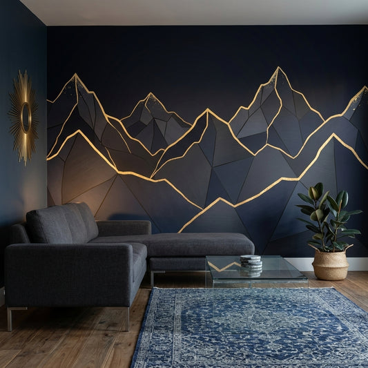 Geometric Mountains Wallpaper Navy Removable Gold Outline Wall Decor