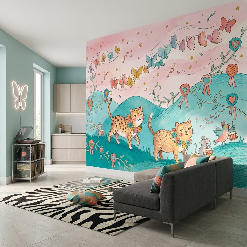 Whimsical Wallpaper Storybook Removable Cats Wall Decor