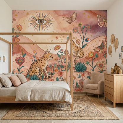 Lynx Wild Cats Wallpaper Whimsical Landscape Floral Meadow Removable Wall Decor