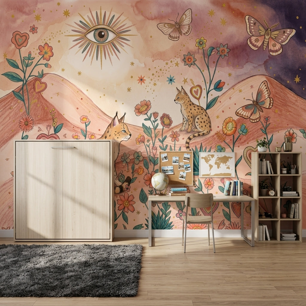 Lynx Wild Cats Wallpaper Whimsical Landscape Floral Meadow Removable Wall Decor