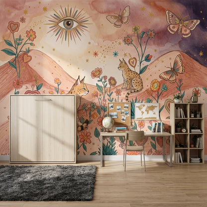Lynx Wild Cats Wallpaper Whimsical Landscape Floral Meadow Removable Wall Decor