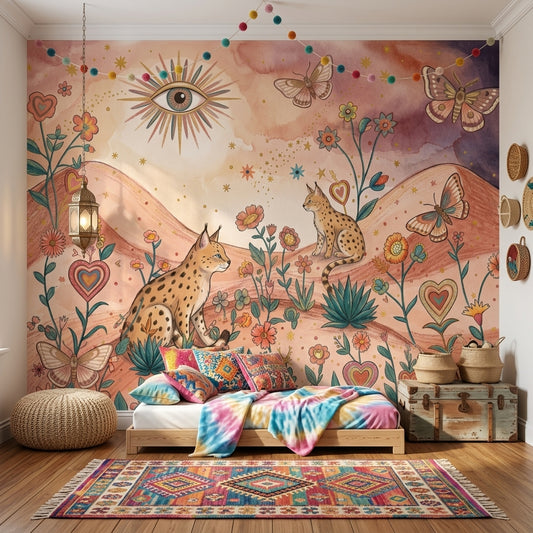 Lynx Wild Cats Wallpaper Whimsical Landscape Floral Meadow Removable Wall Decor