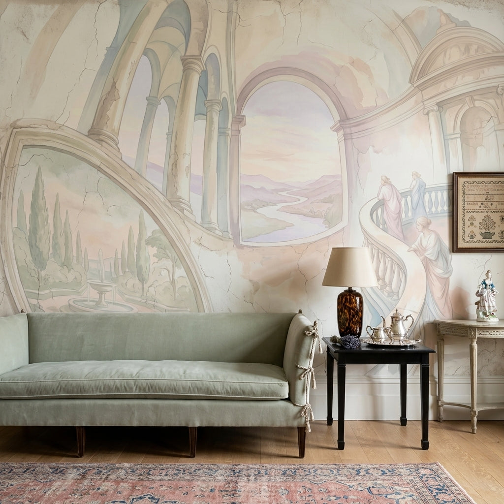 Fresco Mural Wallpaper Classical Arches Pastel Landscape Wall Mural