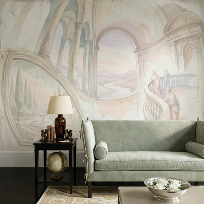 Fresco Mural Wallpaper Classical Arches Pastel Landscape Wall Mural