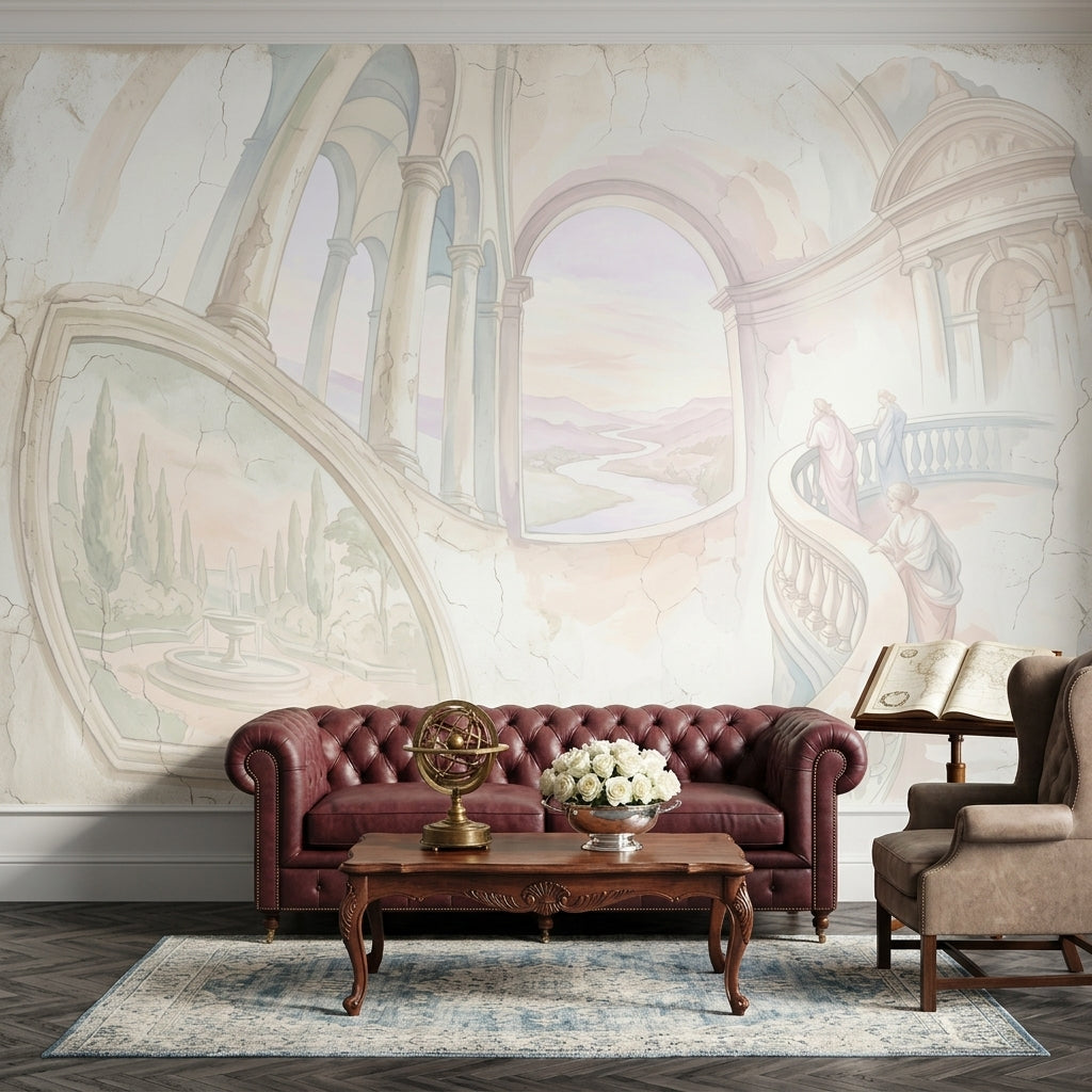 Fresco Mural Wallpaper Classical Arches Pastel Landscape Wall Mural
