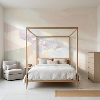 Abstract Landscape Wallpaper Pastel Removable Coastal Village Wall Decor