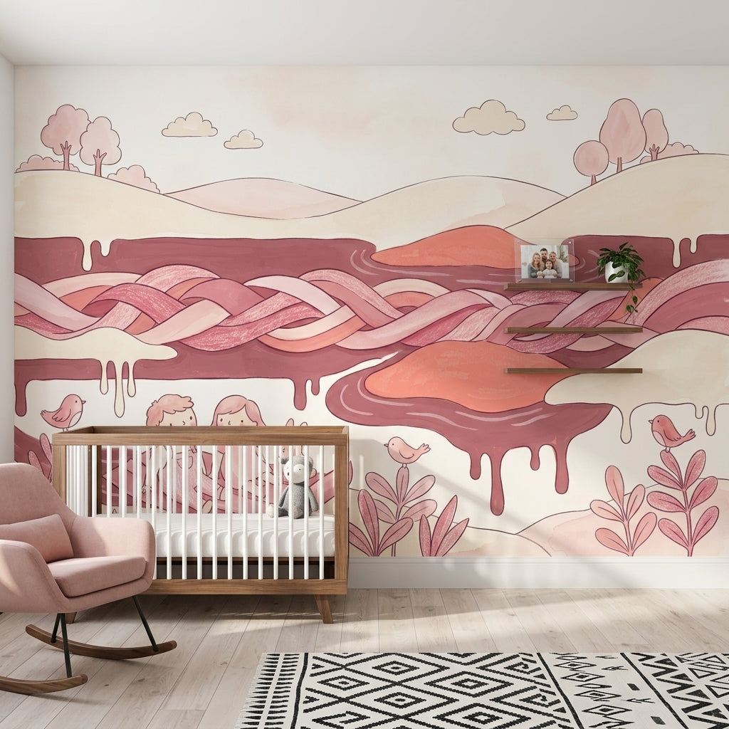 Whimsical Landscape Wallpaper Pastel Pink Storybook Illustration Removable Wall Decor