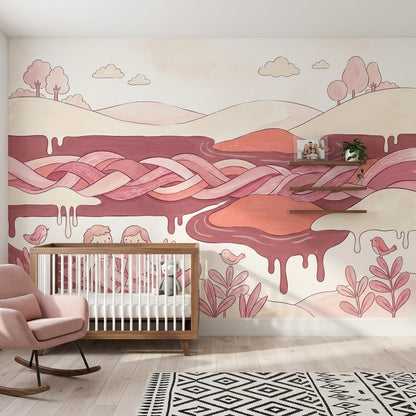 Whimsical Landscape Wallpaper Pastel Pink Storybook Illustration Removable Wall Decor