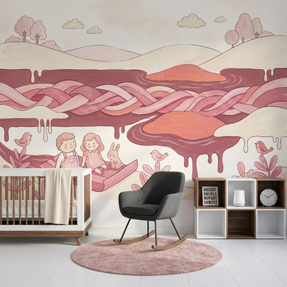 Whimsical Landscape Wallpaper Pastel Pink Storybook Illustration Removable Wall Decor