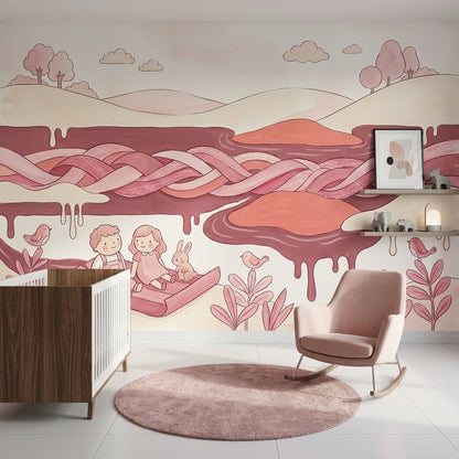 Whimsical Landscape Wallpaper Pastel Pink Storybook Illustration Removable Wall Decor