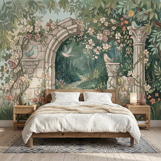 Stone Archway Wallpaper Garden Landscape Vintage Botanical Wall Mural