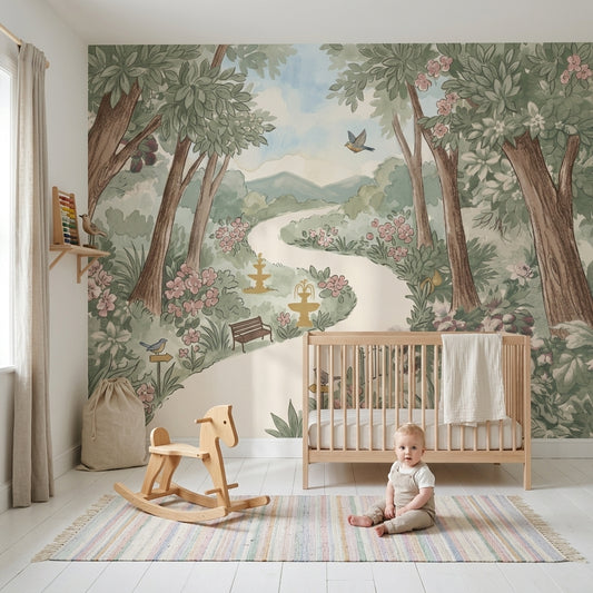 Garden Landscape Wallpaper Winding Path Removable Watercolor Illustration Wall Decor