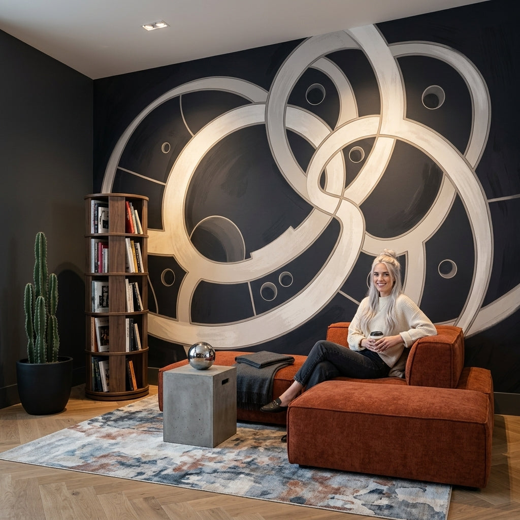 Geometric Rings Wallpaper Interlocking Circles Removable Black Background Wall Decor