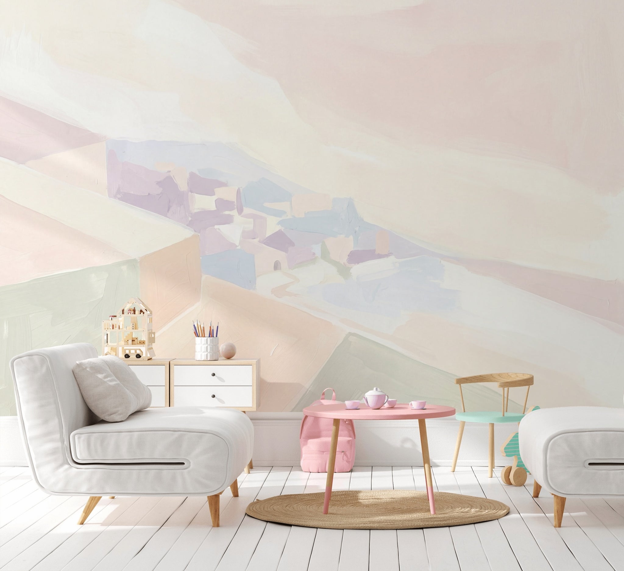 Abstract Landscape Wallpaper Pastel Removable Coastal Village Wall Decor