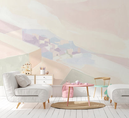 Abstract Landscape Wallpaper Pastel Removable Coastal Village Wall Decor