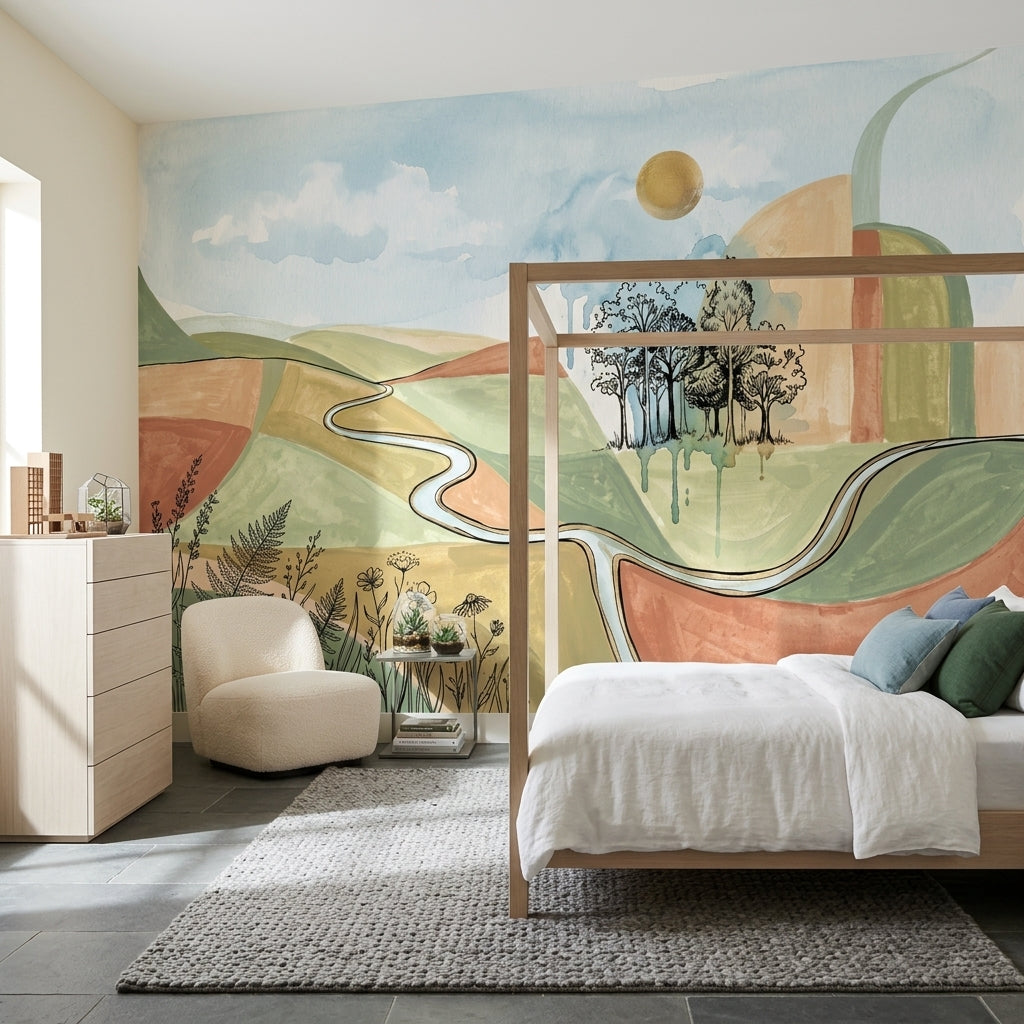 Rolling Hills Wallpaper Winding Road Watercolor Removable Wall Decor