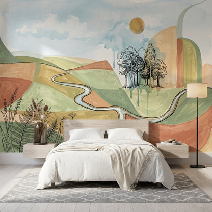 Rolling Hills Wallpaper Winding Road Watercolor Removable Wall Decor