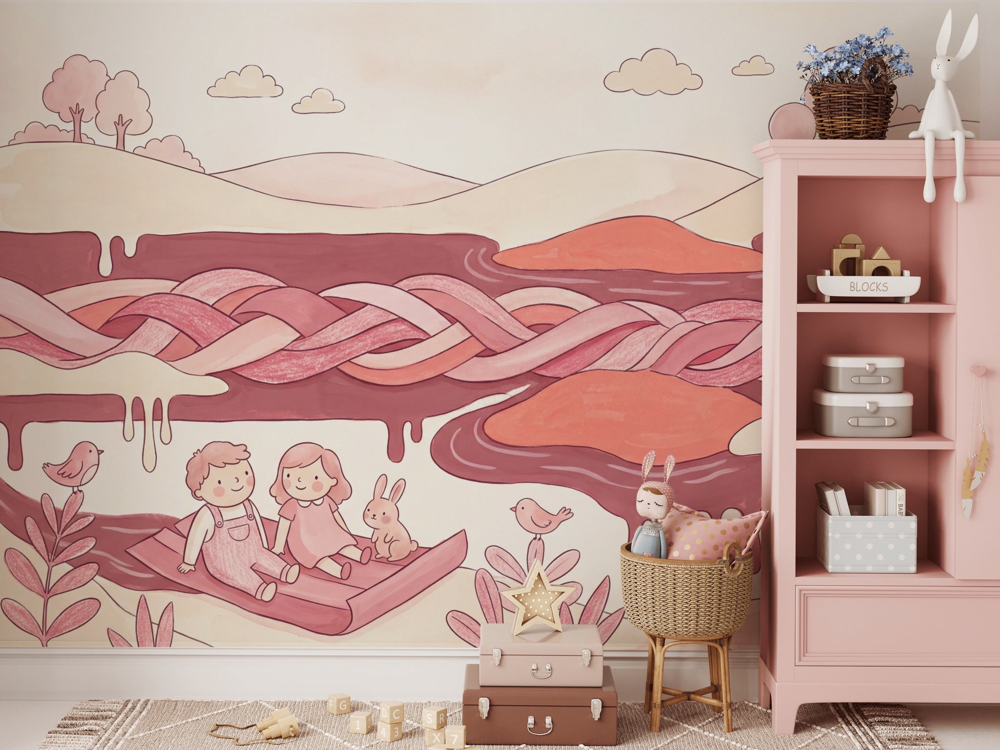 Whimsical Landscape Wallpaper Pastel Pink Storybook Illustration Removable Wall Decor