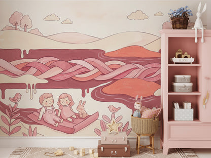 Whimsical Landscape Wallpaper Pastel Pink Storybook Illustration Removable Wall Decor