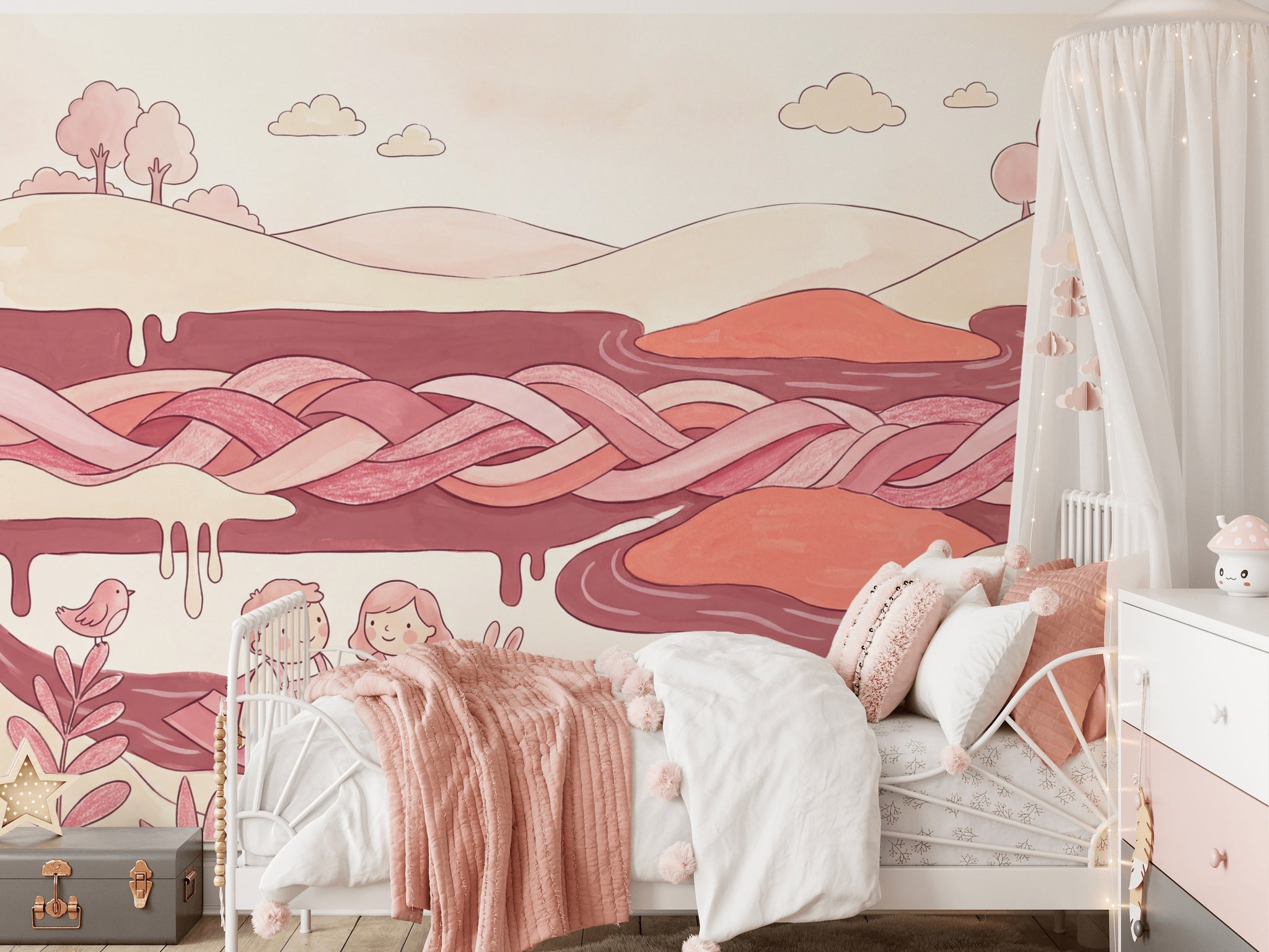 Whimsical Landscape Wallpaper Pastel Pink Storybook Illustration Removable Wall Decor