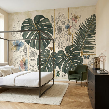 Botanical Wallpaper Tropical Leaves Gold Grid Removable Wall Decor