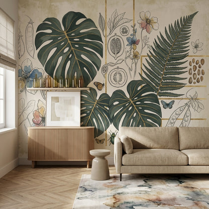 Botanical Wallpaper Tropical Leaves Gold Grid Removable Wall Decor