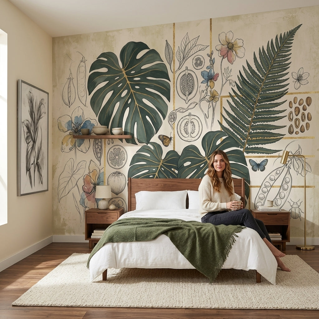Botanical Wallpaper Tropical Leaves Gold Grid Removable Wall Decor
