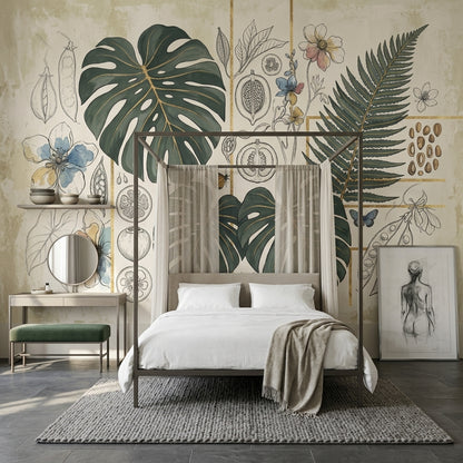 Botanical Wallpaper Tropical Leaves Gold Grid Removable Wall Decor