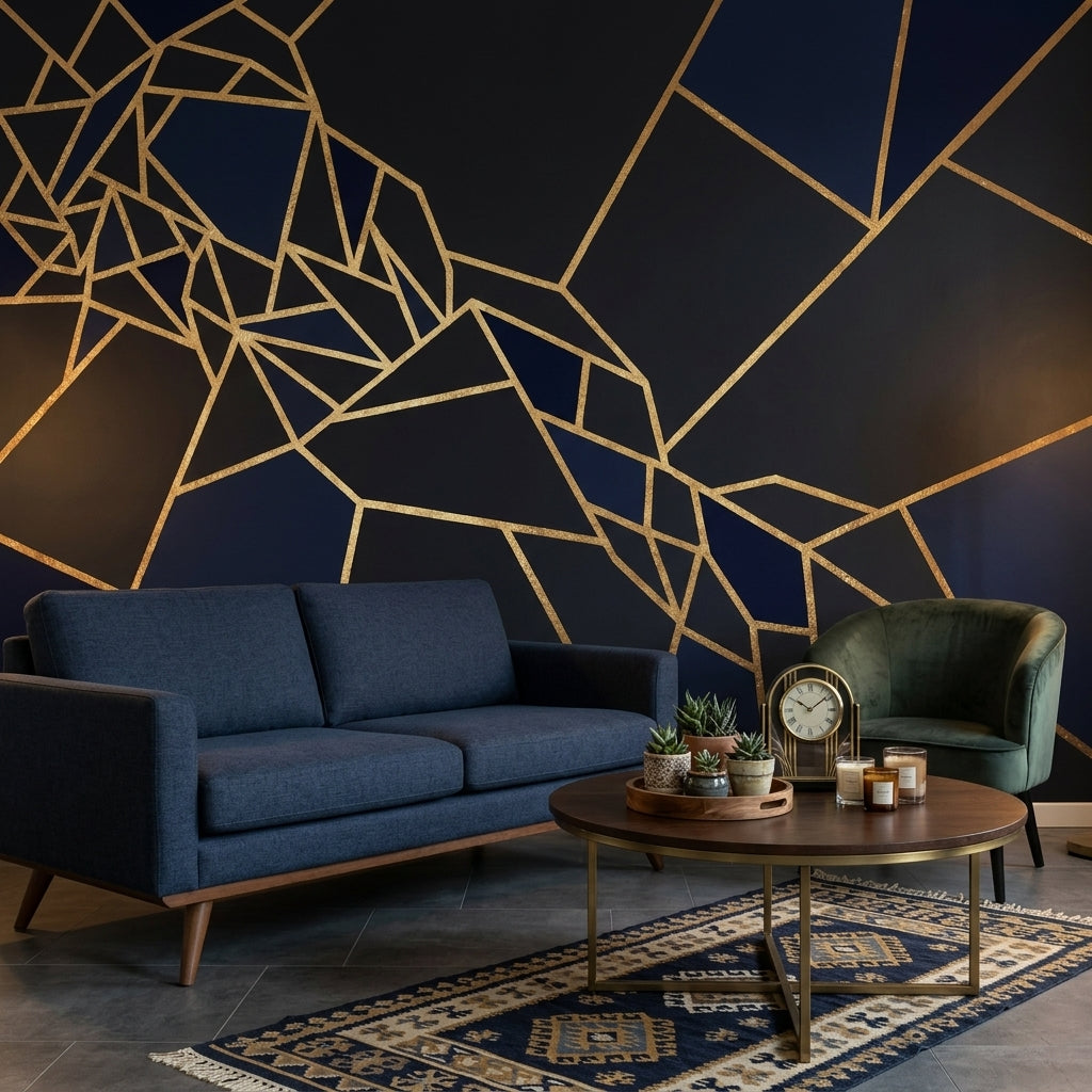 Faceted Mosaic Wallpaper Gold Lines Art Deco Removable Wall Decor