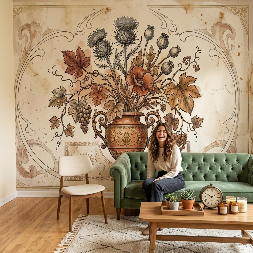 Vintage Botanical Wallpaper Floral Bouquet Ornate Urn Wall Mural