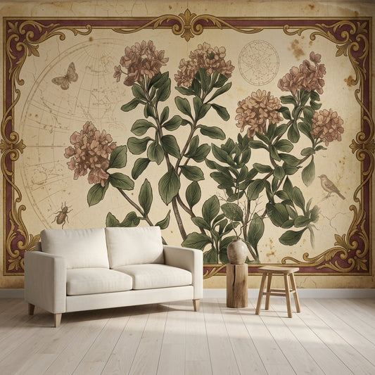 Vintage Botanical Wallpaper Floral Illustration Ornate Gold Border Wall Mural