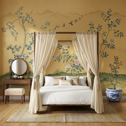 Botanical Mural Wallpaper Golden Background Removable Asian Inspired Wall Decor