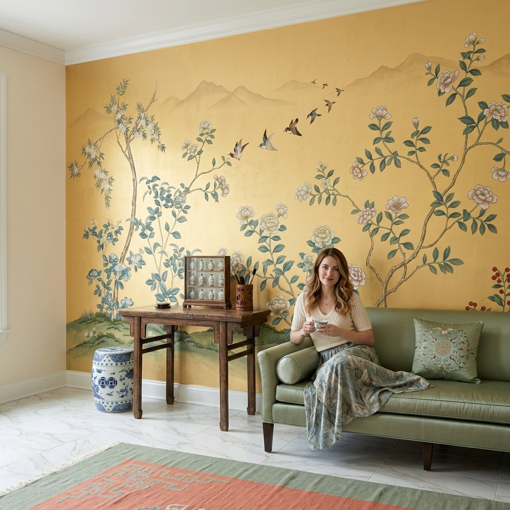 Botanical Mural Wallpaper Golden Background Removable Asian Inspired Wall Decor