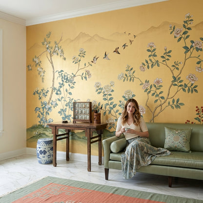 Botanical Mural Wallpaper Golden Background Removable Asian Inspired Wall Decor