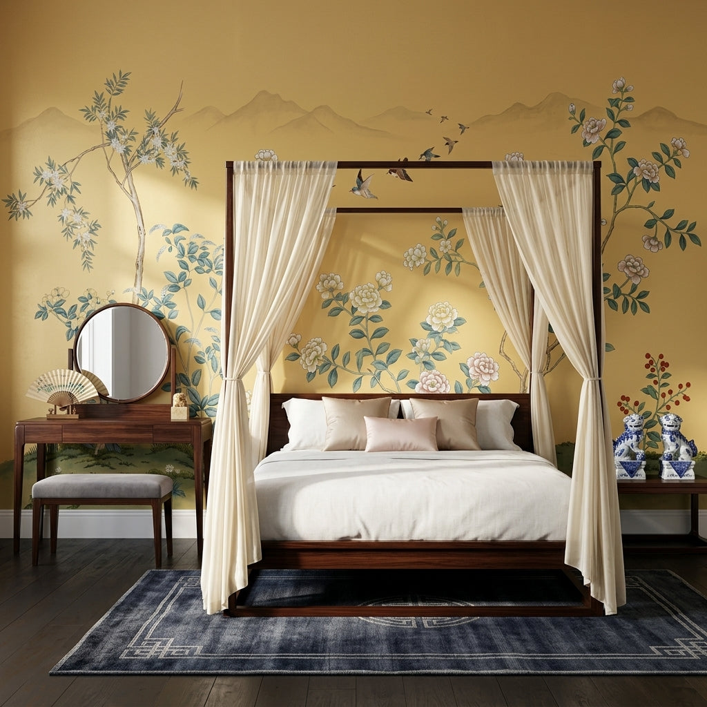 Botanical Mural Wallpaper Golden Background Removable Asian Inspired Wall Decor
