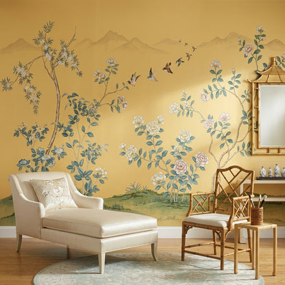 Botanical Mural Wallpaper Golden Background Removable Asian Inspired Wall Decor