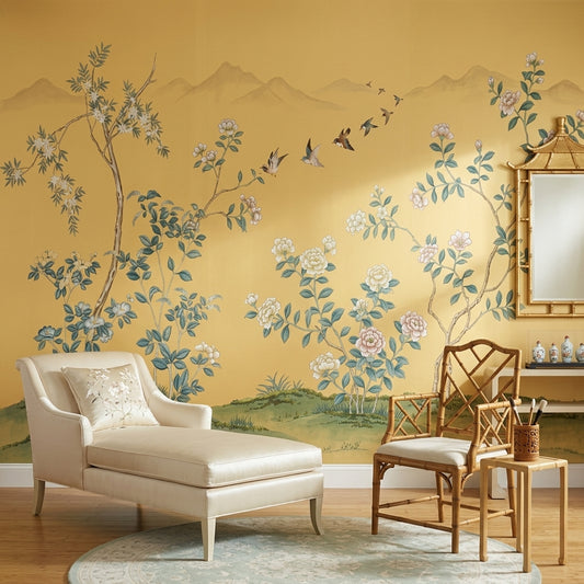 Botanical Mural Wallpaper Golden Background Removable Asian Inspired Wall Decor