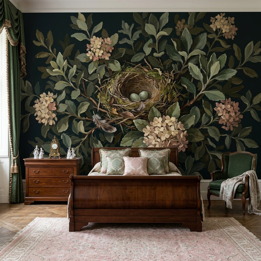 Bird Nest Wallpaper Dark Botanical Wall Mural