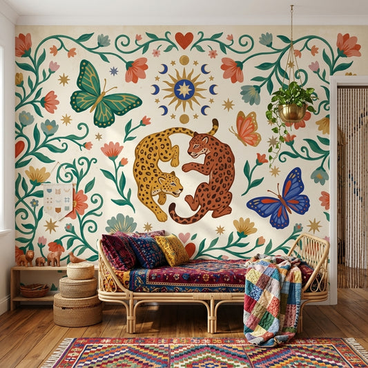 Folk Art Wallpaper Floral Vines Whimsical Vintage Removable Wall Decor