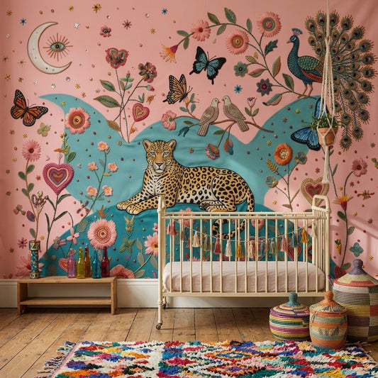 Pink Background Wallpaper Embroidered Look Whimsical Wall Mural